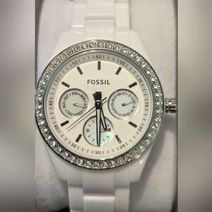 WORKING FOSSIL ES-19676 Lady's Watch RHINEstones MOP White Band